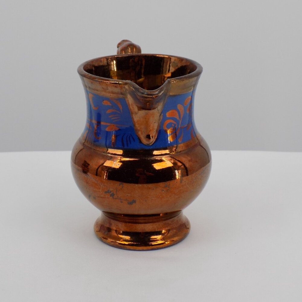 Antique Staffordshire Copper Lustreware Creamer Handpainted Blue Band 4.37" tall - Picture 4 of 7